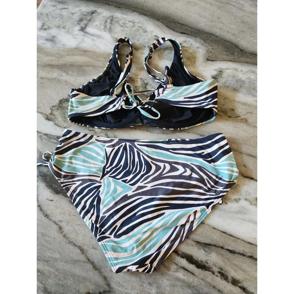 Sunseeker Australia Bikini Set 34D Top US 6 High Waist Bottom Zebra Print Blue